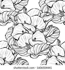 Elegant seamless pattern with calla lily flowers, design elements. Floral  pattern for invitations, cards, print, gift wrap, manufacturing, textile, fabric, wallpapers