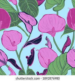 Elegant seamless pattern with calla lily flowers, design elements. Floral  pattern for invitations, cards, print, gift wrap, manufacturing, textile, fabric, wallpapers