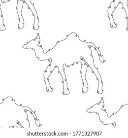 Elegant seamless pattern with camels, design elements. Can be used for invitations, cards, print, gift wrap, manufacturing, textile, fabric, wallpapers. Continuous line art style. Animal theme