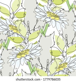 Elegant seamless pattern with cats, chamomiles and leaves, design elements. Floral  pattern for invitations, cards, print, gift wrap, manufacturing, textile, fabric. Continuous line art style