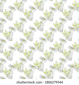 Elegant seamless pattern with cats and chamomiles, design elements. Floral  pattern for invitations, cards, print, gift wrap, manufacturing, textile, fabric, wallpapers. Continuous line art style