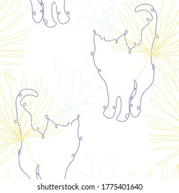 Elegant seamless pattern with cats and flowers, design elements. Floral  pattern for invitations, cards, print, gift wrap, manufacturing, textile, fabric, wallpapers. Continuous line art style