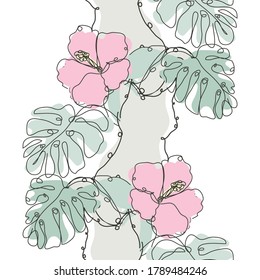 Elegante patrón sin fisuras con gatos, hibiscos y monstera, elementos de diseño. Patrón floral para invitaciones, tarjetas, impresiones, envoltura de regalo, manufactura, textiles, tela, papel pintado. Línea continua