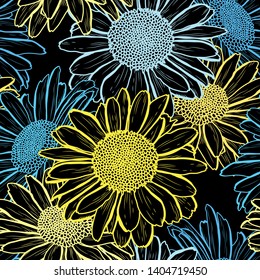 Elegant seamless pattern with chamomile flowers, design elements. Floral  pattern for invitations, cards, print, gift wrap, manufacturing, textile, fabric, wallpapers