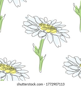 Elegant seamless pattern with chamomile flowers, design elements. Floral  pattern for invitations, cards, print, gift wrap, manufacturing, textile, fabric, wallpapers. Continuous line art style