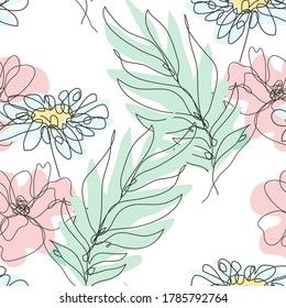 Elegant seamless pattern with chamomile, poppy, design elements. Floral  pattern for invitations, cards, print, gift wrap, manufacturing, textile, fabric, wallpapers. Continuous line art style