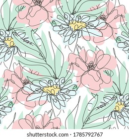 Elegant seamless pattern with chamomile, poppy, design elements. Floral  pattern for invitations, cards, print, gift wrap, manufacturing, textile, fabric, wallpapers. Continuous line art style