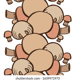 Elegant seamless pattern with champignon mushrooms, design elements. Vegetable pattern for invitations, cards, print, gift wrap, manufacturing, textile, fabric, wallpapers. Food, vegetarian theme