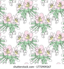Elegant seamless pattern with cherry blossom sakura flowers, design elements. Floral  pattern for invitations, cards, print, gift wrap, textile, fabric, wallpapers. Continuous line art style