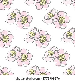 Elegant seamless pattern with cherry blossom sakura flowers, design elements. Floral  pattern for invitations, cards, print, gift wrap, textile, fabric, wallpaper. Continuous line art style