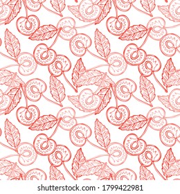 Elegant seamless pattern with cherry fruits, design elements. Fruit  pattern for invitations, cards, print, gift wrap, manufacturing, textile, fabric, wallpapers. Food, kitchen, vegetarian theme