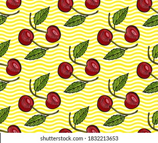 Elegant seamless pattern with cherry fruits, design elements. Fruit  pattern for invitations, cards, print, gift wrap, manufacturing, textile, fabric, wallpapers. Food, kitchen, vegetarian theme