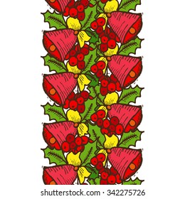 Elegant seamless pattern with christmas bells and holly berries, design elements. Can be used for winter holiday invitations, greeting cards, scrapbooking, print, gift wrap, manufacturing