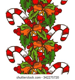 Elegant seamless pattern with christmas candies and holly berries, design elements. Can be used for winter holiday invitations, greeting cards, scrapbooking, print, gift wrap, manufacturing