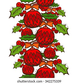 Elegant seamless pattern with christmas decorations and holly berries, design elements. Can be used for winter holiday invitations, greeting cards, scrapbooking, print, gift wrap, manufacturing