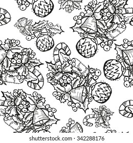 Elegant seamless pattern with christmas decorations and holly berries, design elements. Can be used for winter holiday invitations, greeting cards, scrapbooking, print, gift wrap, manufacturing