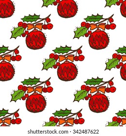 Elegant seamless pattern with christmas decorations and holly berries, design elements. Can be used for winter holiday invitations, greeting cards, scrapbooking, print, gift wrap, manufacturing
