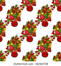 Elegant seamless pattern with christmas decorations and holly berries, design elements. Can be used for winter holiday invitations, greeting cards, scrapbooking, print, gift wrap, manufacturing