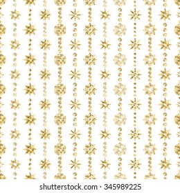 Elegant Seamless pattern with Christmas decorations. Garland from snowflakes with gold glitter on a white background