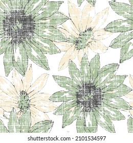 Elegant seamless pattern with chrysanthemum flowers, design elements. grunge green sunflower slub textured textile, fabric, wallpapers Jerusalem artichokes flower. 