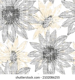 Elegant seamless pattern with chrysanthemum flowers, design elements. grunge grey sunflower slub textured textile, fabric, wallpapers Jerusalem artichokes flower. 