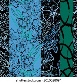 Elegant seamless pattern with clematis and daffodil, design elements. Floral  pattern for invitations, cards, print, gift wrap, manufacturing, textile, fabric, wallpapers