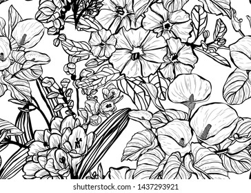 Elegant seamless pattern with clivia, calla, clematis flowers, design elements. Floral  pattern 