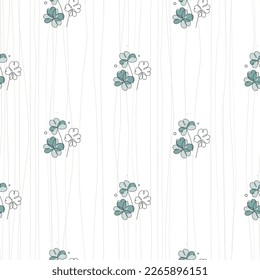 Elegante patrón sin costuras con hojas de trébol y líneas verticales delgadas. Fondo vectorial floral para impresiones, envoltura de regalo, tela, papel tapiz. Estilo de arte de línea continuo.