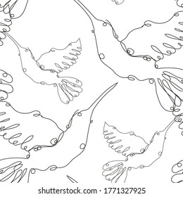 Elegant seamless pattern with colibri birds, design elements. Can be used for invitations, cards, print, gift wrap, manufacturing, textile, fabric, wallpapers. Continuous line art style. Bird theme