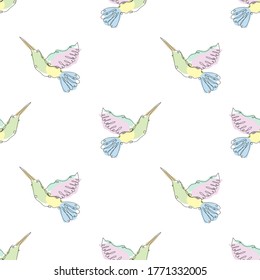 Elegant seamless pattern with colibri birds, design elements. Can be used for invitations, cards, print, gift wrap, manufacturing, textile, fabric, wallpapers. Continuous line art style. Bird theme