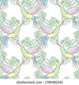 Elegant seamless pattern with colibri birds and monstera, design elements. Floral  pattern for invitations, cards, print, gift wrap, manufacturing, textile, fabric, wallpapers. Continuous line