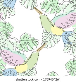 Elegant seamless pattern with colibri birds and monstera, design elements. Floral  pattern for invitations, cards, print, gift wrap, manufacturing, textile, fabric, wallpapers. Continuous line