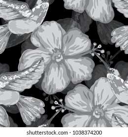 Elegant seamless pattern with colibri and hibiscus, design elements. Floral tropical pattern for invitations, cards, print, gift wrap, manufacturing, textile, fabric, wallpapers