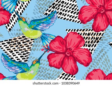 Elegant seamless pattern with colibri and hibiscus, design elements. Floral tropical pattern for invitations, cards, print, gift wrap, manufacturing, textile, fabric, wallpapers