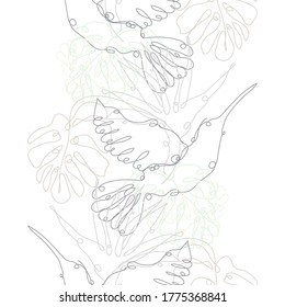 Elegant seamless pattern with colibris, monstera and strelitzia, design elements. Floral  pattern for invitations, cards, print, gift wrap, manufacturing, textile, fabric. Continuous line art style