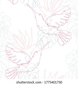 Elegant seamless pattern with colibris, monstera and strelitzia, design elements. Floral  pattern for invitations, cards, print, gift wrap, manufacturing, textile, fabric. Continuous line art style