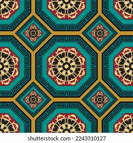 Elegant seamless pattern. Colorful arabesque vector background. Beautiful ornaments. Repeat ornamental backdrop. Vintage flowers, leaves, lines, frames, mandalas. Greek key meanders. Endless texture.