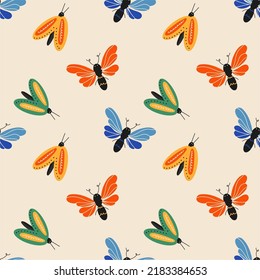 Elegant seamless pattern with colorful beans and moths. Cute background in boho style. Design for postcard, fabric, print, greeting, fabric, poster, clothing, textile.