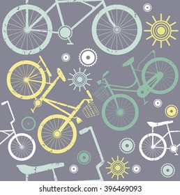 Elegant seamless pattern with colorful bicycle silhouettes and decorative objects. Cute template can be used for kid cloth, textile, wallpaper, cover and more designs.