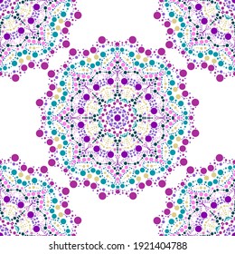 Elegantes, nahtloses Muster mit bunten Dot-Mandalas, Design-Elementen. Mandala Muster für Einladungen, Grußkarten, Scrapbooking, Druck, Geschenkverpackung, Herstellung