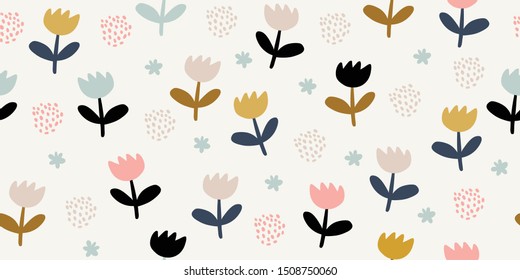 Elegant seamless pattern with colorful flowers. Scandinavian minimalism style vector background in pastel colors. Great for fabric, wallpaper. Scandinavian design. Kids pattern. Flowers wallpaper