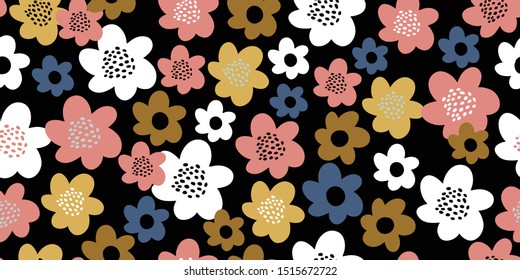 Elegant seamless pattern with colorful flowers. Scandinavian minimalism style vector background on dark. Great for fabric, wallpaper. Scandinavian design. Kids pattern. Flowers wallpaper