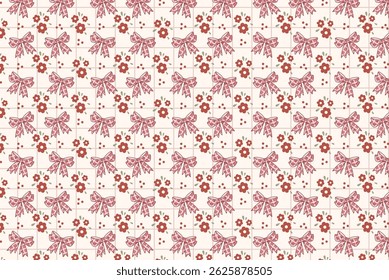 Elegant seamless pattern combining delicate flowers and cute bows in a vintage hand-drawn style. Ideal for fabric design, stationery, packaging, and feminine branding.