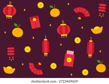Elegante patrón sin fisuras que combina abanicos de madera, linternas, sobres rojos, lingotes de oro y adornos del Año Nuevo Lunar sobre un fondo rojo-púrpura oscuro. Ideal para ricos efectos visuales festivos, envoltura de regalos y diseños centrados en la celebración.