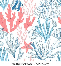 Elegante padrão sem emenda com corais, algas marinhas e criaturas subaquáticas, conchas e peixes. Ilustração vetorial desenhada à mão.