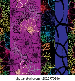 Elegant seamless pattern with cosmos cosmea flowers, design elements. Floral  pattern for invitations, cards, print, gift wrap, manufacturing, textile, fabric, wallpapers