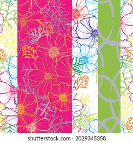 Elegante y sin fisuras con flores cosmos cosméticos, elementos de diseño. Patrón floral para invitaciones, tarjetas, impresiones, envolturas de regalo, manufactura, textiles, tejidos, papel pintado