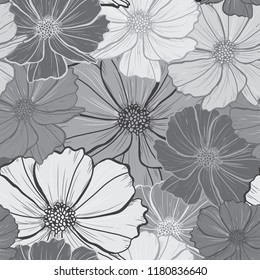 Elegant seamless pattern with cosmos flowers, design elements. Floral  pattern for invitations, cards, print, gift wrap, manufacturing, textile, fabric, wallpapers