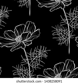 Elegant seamless pattern with cosmos flowers, design elements.  