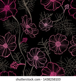 Elegant seamless pattern with cosmos flowers, design elements. 